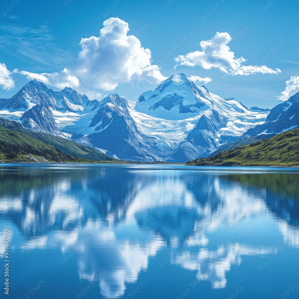 Naklejka premium Panoramic View of Snow-Capped Alaskan Mountains and Reflecting Blue Lake