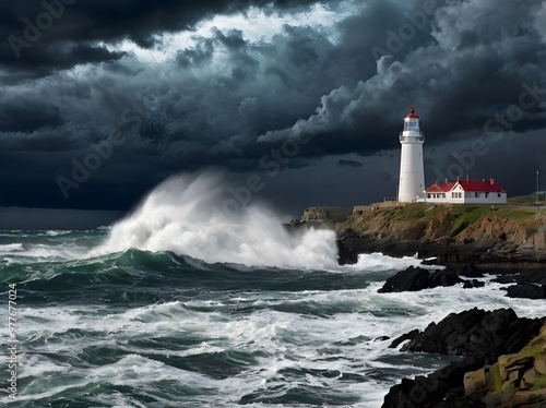 Lighthouse on Rocky Coast with Stormy Sea and Dramatic Clouds