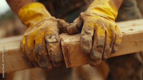 a person wearing yellow gloves holding a wooden stick with dirt on it