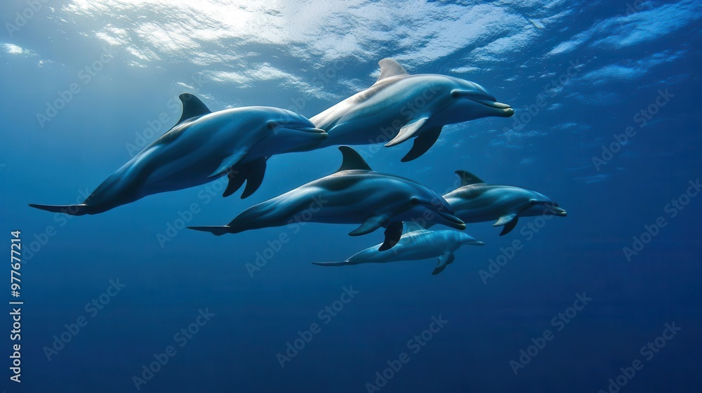 Group of dolphins swimming in synchrony, their bodies creating graceful arcs in the water, open ocean Group of dolphins swimming in synchrony, their bodies creating graceful arcs in the water, open ocean