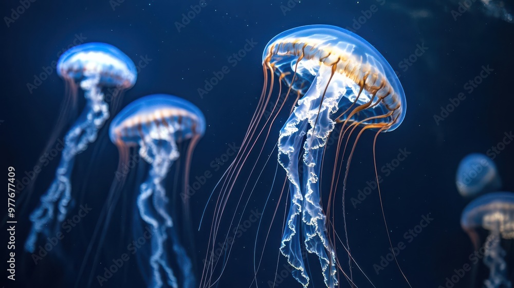 Group of jellyfish floating serenely in deep ocean waters, their bioluminescent tentacles glowing softly Group of jellyfish floating serenely in deep ocean waters, their bioluminescent tentacles glowing softly