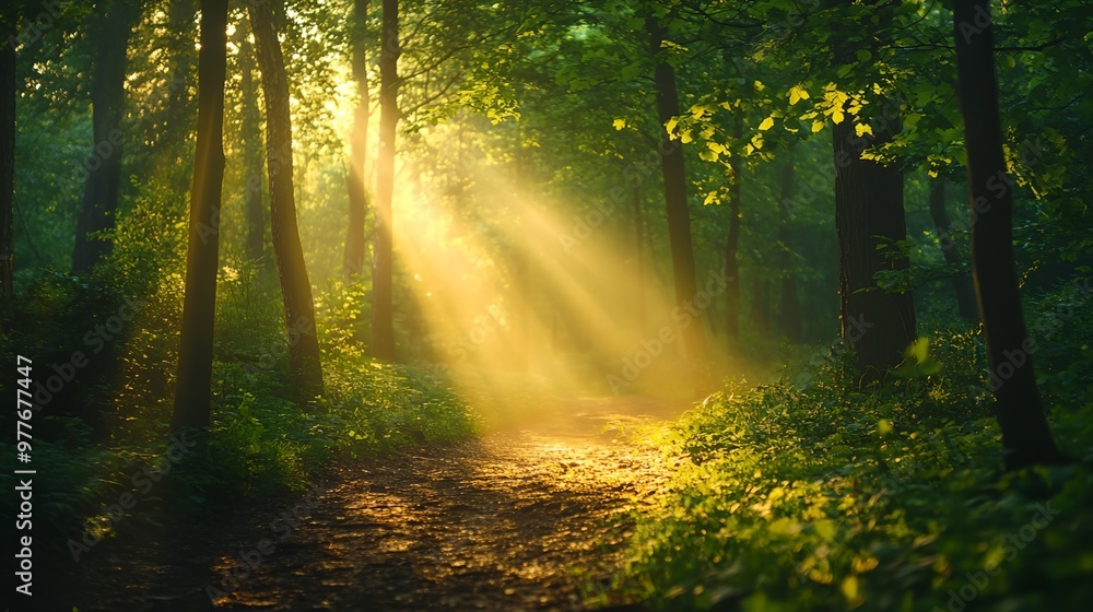 Obraz premium a path in the woods with sunlight streaming through the trees and leaves