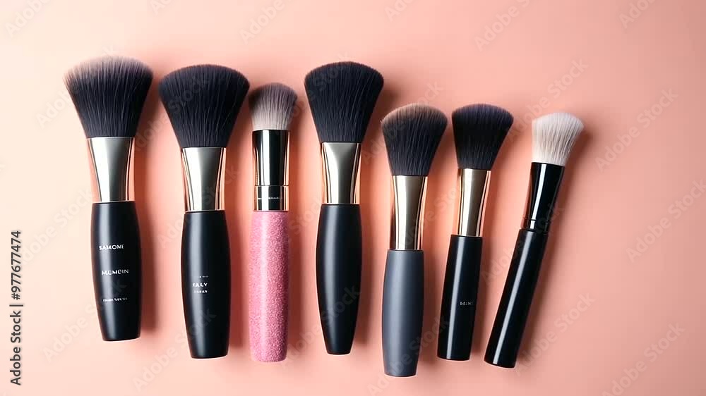 Flat lay of makeup brushes and various cosmetics on a plain background Flat lay of makeup brushes and various cosmetics on a plain background
