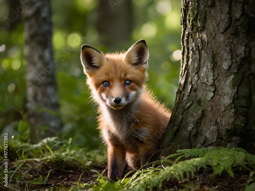 Cute Red Fox Kit Looking at Camera in Forest