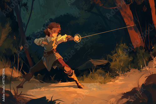 Fantasy Elf Warrior Practicing Swordplay in Enchanted Forest at Twilight