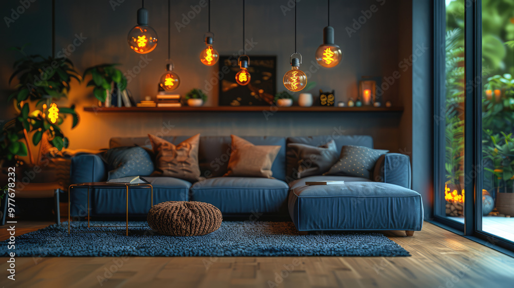 A modern living room with smart home devices, including smart speakers, lighting, and a home automation system A modern living room with smart home devices, including smart speakers, lighting, and a home automation system
