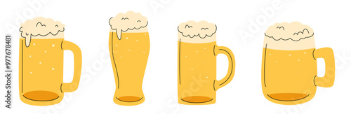 Set of hand drawn beer glasses with foam. Doodle drink. Minimalist cartoon style. Perfect for Oktoberfest, bar designs, menus, brewing events, and festive projects.