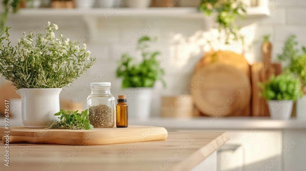 A wooden cutting board with a jar of herbs and a bottle of essential oil on it. The scene is set in a kitchen with a window that lets in natural light A wooden cutting board with a jar of herbs and a bottle of essential oil on it. The scene is set in a kitchen with a window that lets in natural light