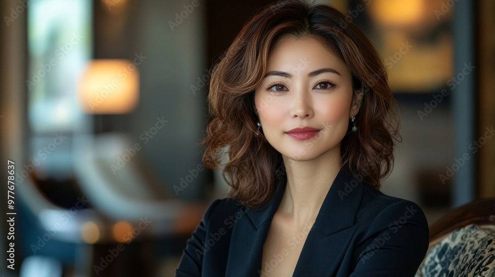 an Asian woman in her early 40s, Sitting in a luxurious office, a front-view angle an Asian woman in her early 40s, Sitting in a luxurious office, a front-view angle