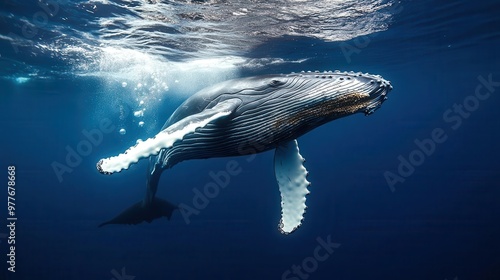 Humpback whale singing in the deep ocean, surrounded by bubbles and waves, serene and powerful photo