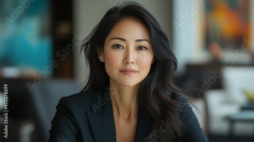 an Asian woman in her early 40s, Sitting in a luxurious office, a front-view angle