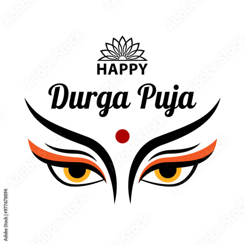Text Happy Durga Puja and eyes of goddess isolated on white background, flat vector design for greeting card, banner or poster.