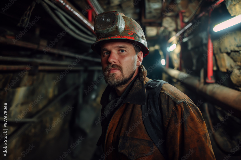 Miner in Underground Tunnel Wearing Safety Gear and Headlamp Miner in Underground Tunnel Wearing Safety Gear and Headlamp