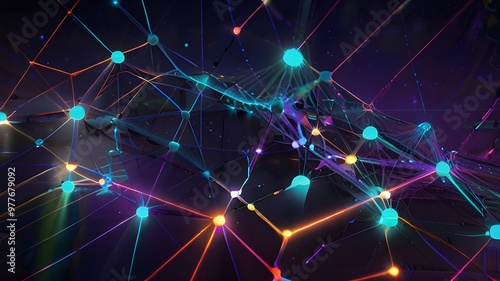 "Complex digital network with vibrant nodes and colorful lines, symbolizing the intricate workings of artificial intelligence, data flow, and modern technology innovations." 