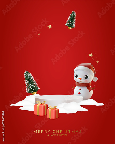 Round white podium with christmas trees, snowman and gifts for product demonstration.