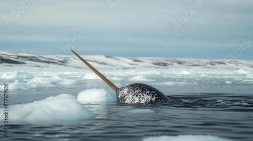 Narwhal swimming in the Arctic waters, its long tusk breaking the surface of the icy ocean photo