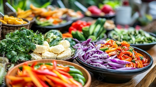 A colorful assortment of vegetable-based Thai dishes with the à¹€à¸ˆ logo in the background