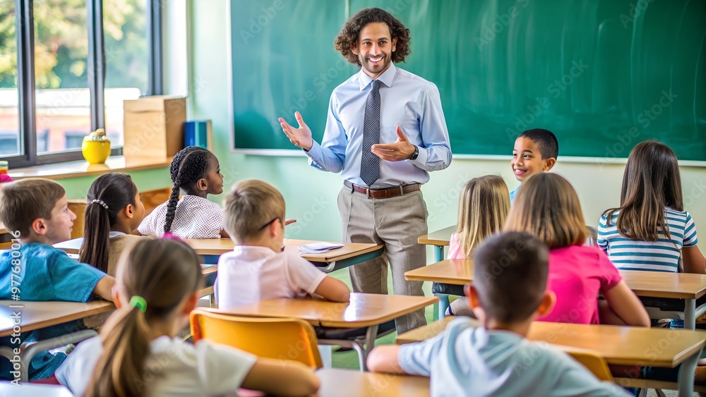Teacher teaching a lesson in the school classroom with attentive students. Education and teacher's day. Teacher teaching a lesson in the school classroom with attentive students. Education and teacher's day.