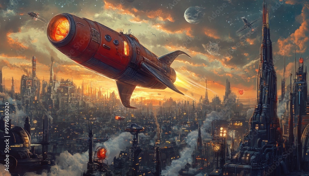 Futuristic Cityscape with Spaceship Flying Over a Cloud-Covered Metropolis Futuristic Cityscape with Spaceship Flying Over a Cloud-Covered Metropolis