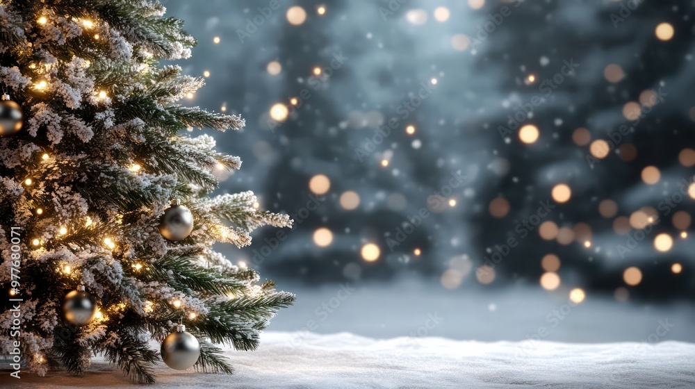A Christmas tree with lights and ornaments is surrounded by snow. The snow creates a peaceful and serene atmosphere, making the scene feel like a winter wonderland A Christmas tree with lights and ornaments is surrounded by snow. The snow creates a peaceful and serene atmosphere, making the scene feel like a winter wonderland