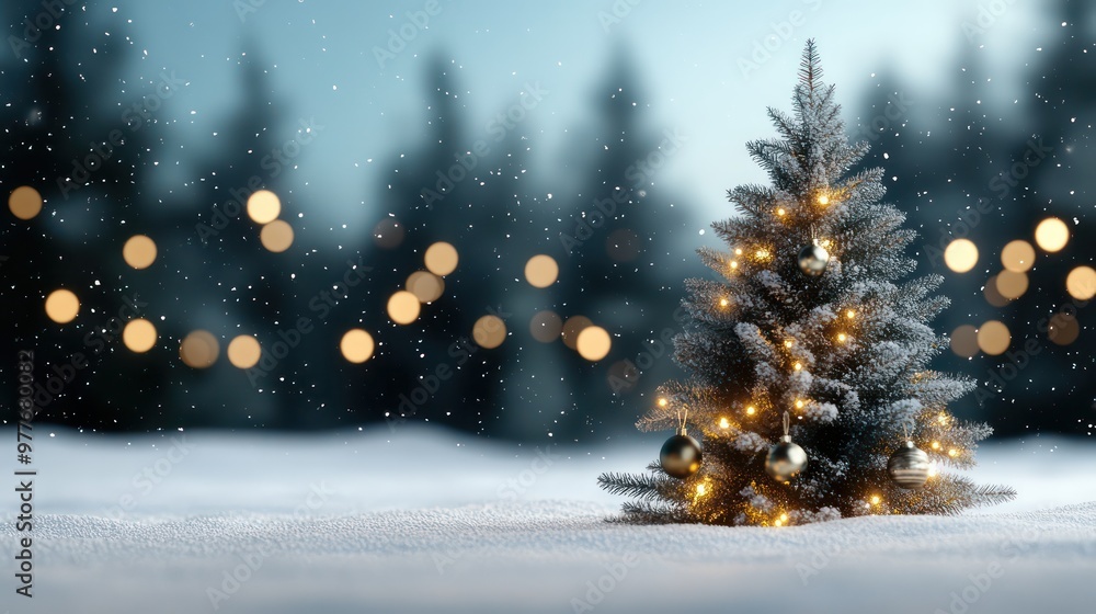 A Christmas tree with lights and ornaments sits in the snow. The tree is surrounded by a snowy landscape, creating a serene and peaceful atmosphere. The lights on the tree add a warm A Christmas tree with lights and ornaments sits in the snow. The tree is surrounded by a snowy landscape, creating a serene and peaceful atmosphere. The lights on the tree add a warm