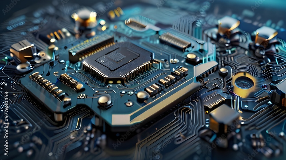 Close-up of a futuristic computer motherboard, highlighting intricate circuits, chips, and technology components, ideal for high-tech, IT systems, and electronics-based digital design themes.
Close-up of a futuristic computer motherboard, highlighting intricate circuits, chips, and technology components, ideal for high-tech, IT systems, and electronics-based digital design themes.