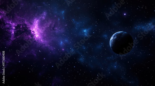 A dark sky with a purple and blue cloud and a large planet in the middle. The sky is filled with stars and the planet is the only object that stands out