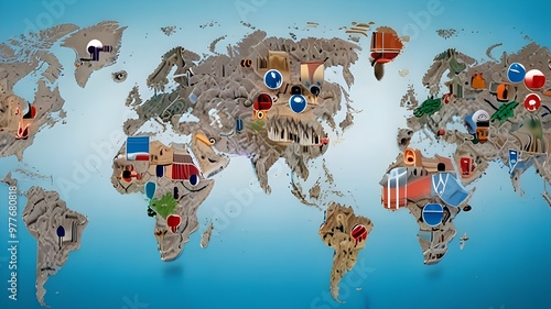 3D illustration of a futuristic world map with icons representing digital connectivity, innovation, and global economy, suitable for technology, networking, and global business themes."