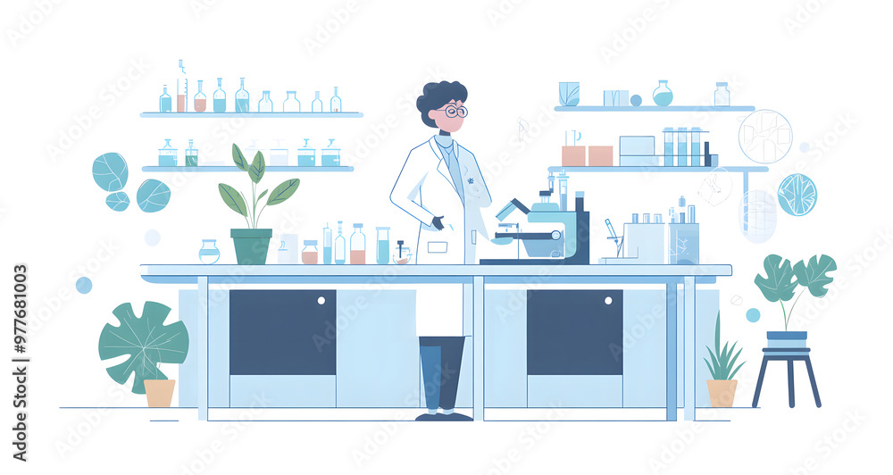 A modern laboratory setting featuring a scientist wearing a white coat, safety glasses, and gloves, performing chemical experiments with various laboratory glassware. A modern laboratory setting featuring a scientist wearing a white coat, safety glasses, and gloves, performing chemical experiments with various laboratory glassware.