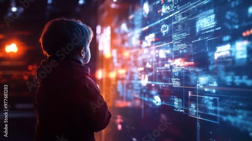 Child posing as a virtual world creator, coding immersive experiences on a large screen in a futuristic studio.