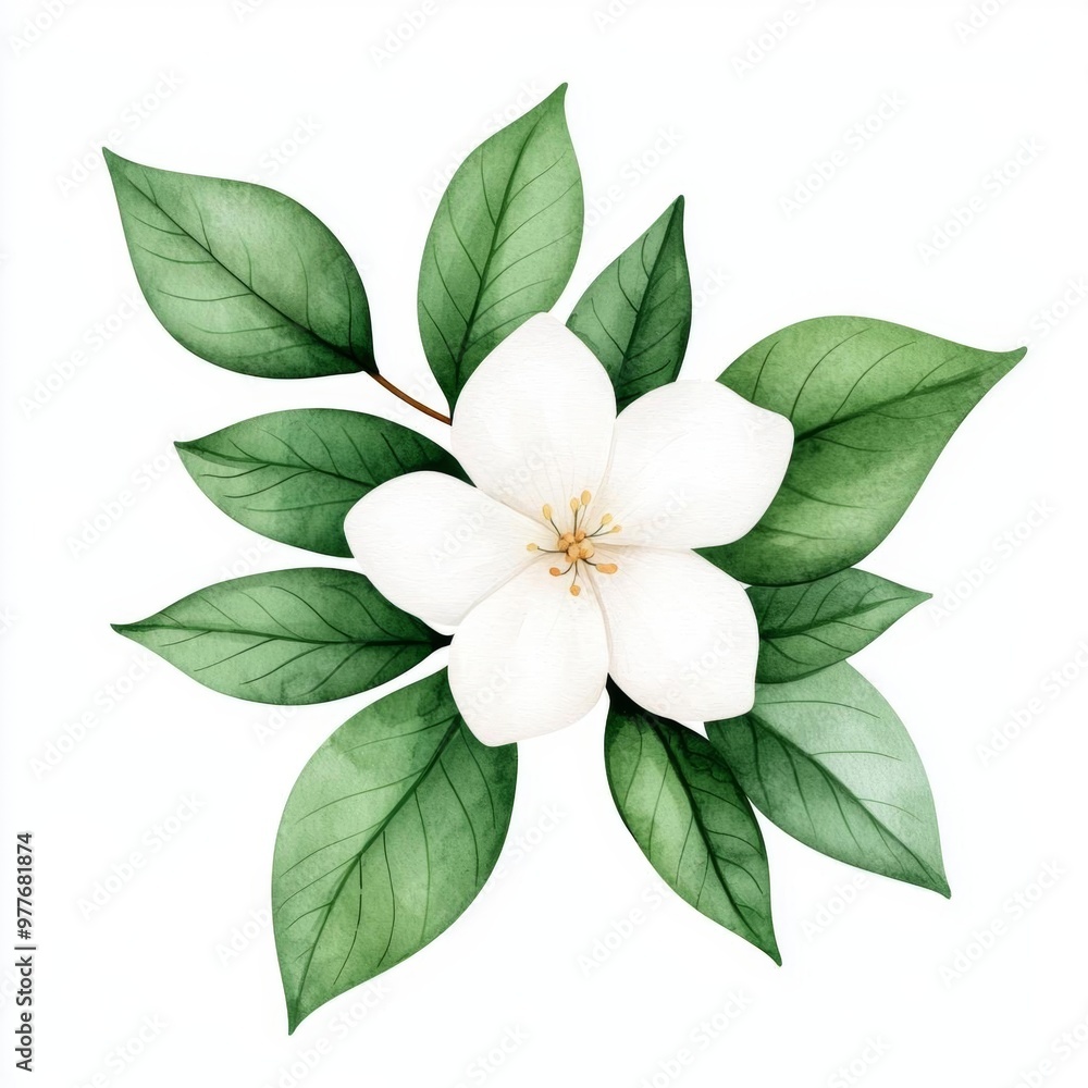 A single cute boho chic mint with a crochet flower, watercolor illustration, clipart, isolated on pure white background A single cute boho chic mint with a crochet flower, watercolor illustration, clipart, isolated on pure white background