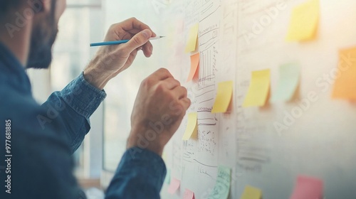 Business professionals brainstorming budget strategies on a whiteboard, colorful post-its and notes