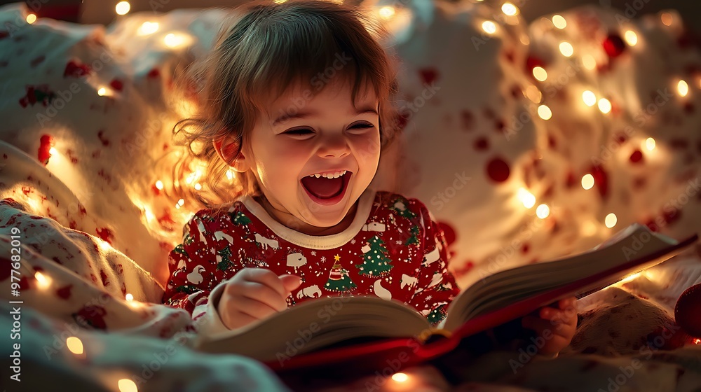 A child wearing Christmas pajamas, laughing while reading a holiday storybook in bed with twinkling lights around A child wearing Christmas pajamas, laughing while reading a holiday storybook in bed with twinkling lights around