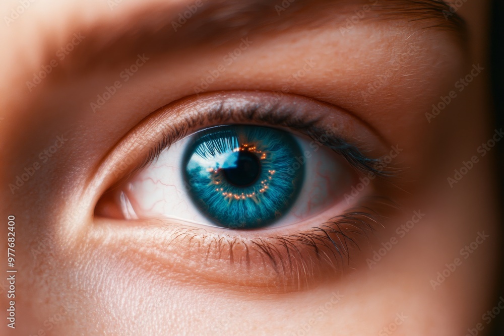 Blue eye with a reflection of the sky and clouds symbolizing clarity vision and the connection between human perception and the vastness of the natural world Blue eye with a reflection of the sky and clouds symbolizing clarity vision and the connection between human perception and the vastness of the natural world