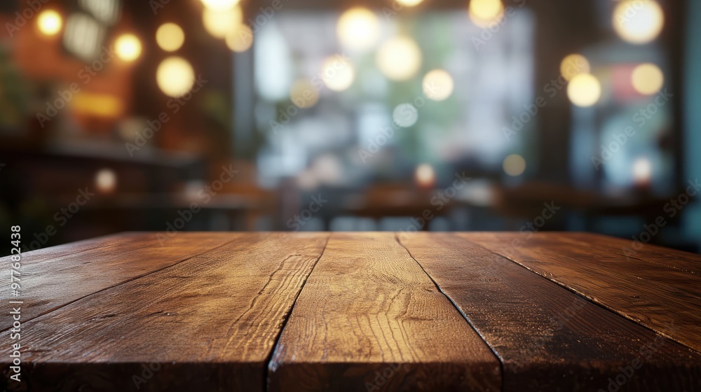 Empty rustic wood table and blurred soft light table in restaurant with bokeh background. product display template, Business presentation Empty rustic wood table and blurred soft light table in restaurant with bokeh background. product display template, Business presentation