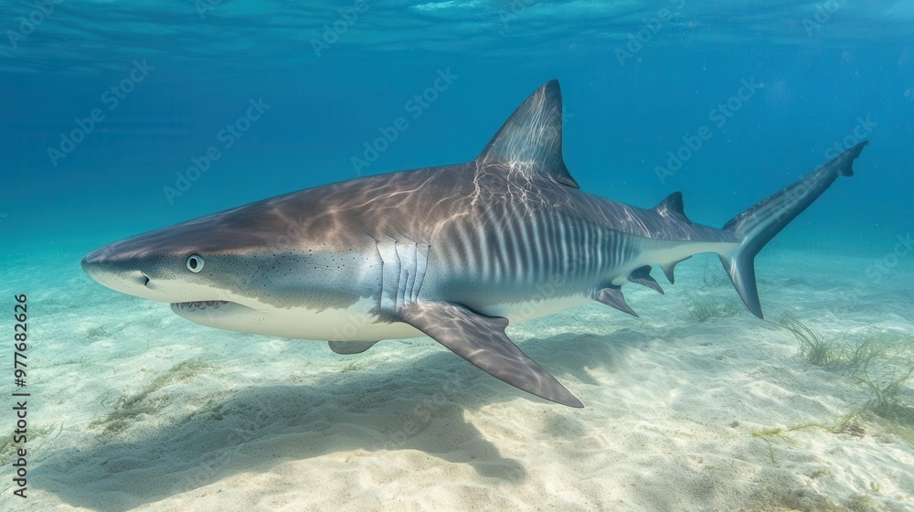Tiger shark swimming in shallow waters, its stripes visible against the sandy bottom, powerful and sleek Tiger shark swimming in shallow waters, its stripes visible against the sandy bottom, powerful and sleek