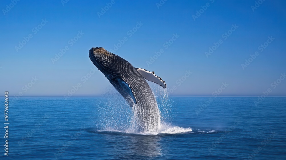 Fototapeta premium Whale breaching the surface of a deep blue ocean, creating a dramatic splash, calm horizon line