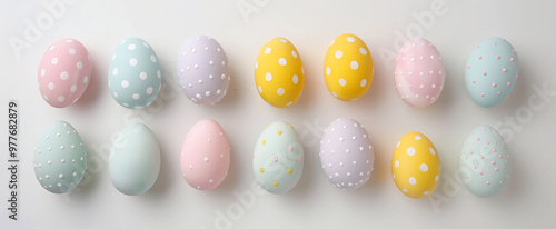 Two rows of painted eggs in pastel colors with white polka dots on a white background, Easter background, top view.