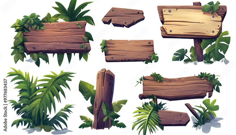 Set of wooden signboards with tropical floral elements, perfect for jungle-themed designs or video game interfaces. Set of wooden signboards with tropical floral elements, perfect for jungle-themed designs or video game interfaces.