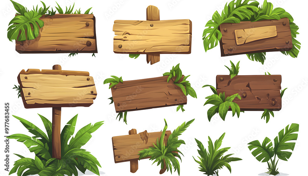 Set of wooden signboards with tropical floral elements, perfect for jungle-themed designs or video game interfaces. Set of wooden signboards with tropical floral elements, perfect for jungle-themed designs or video game interfaces.