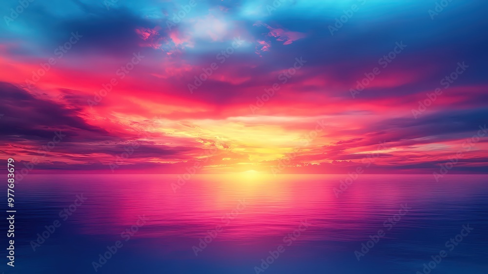 Stunning fiery sunset over a calm sea with dramatic clouds Stunning fiery sunset over a calm sea with dramatic clouds