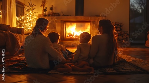 A family enjoying a cozy evening in front of the fireplace, telling stories and laughing together