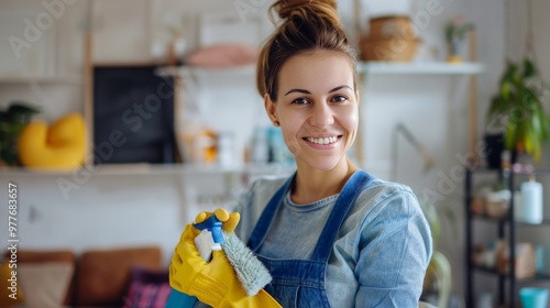 Smiling young woman with gloves holding cleaning supplies in a colorful and cozy living room setting. photo