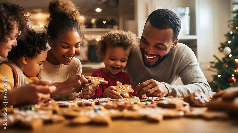 A family gathered around a kitchen table, decorating gingerbread cookies and laughing together A family gathered around a kitchen table, decorating gingerbread cookies and laughing together