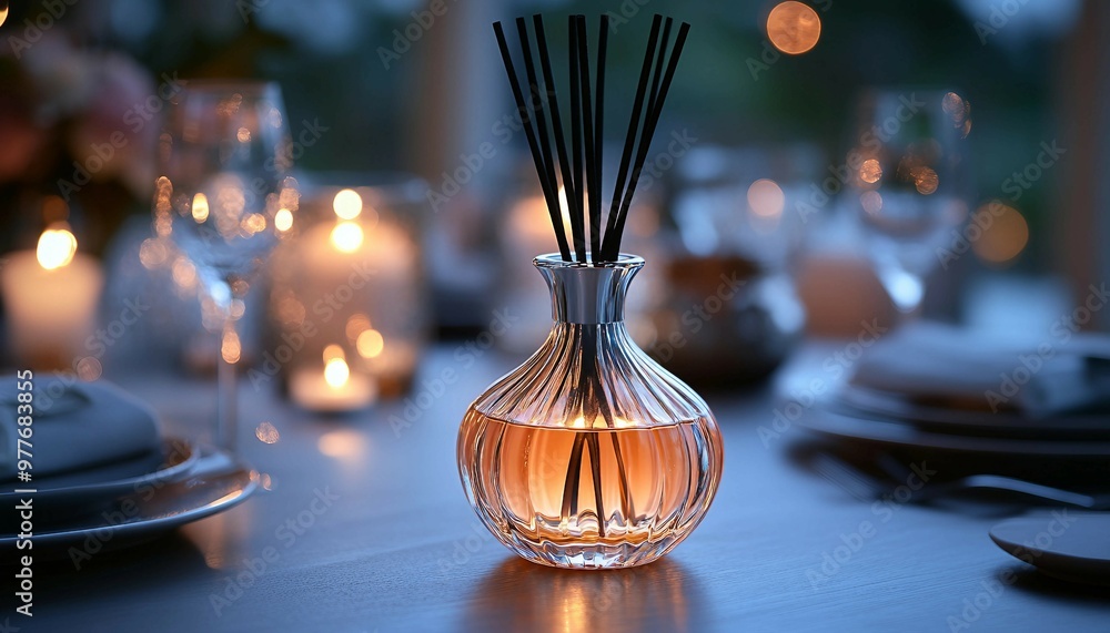 Reed Diffuser with a Stylish Metallic Bottle in a Glamorous Event Setting, reed diffuser with a metallic or mirrored bottle in a glamorous event setting, aroma reed diffuser Reed Diffuser with a Stylish Metallic Bottle in a Glamorous Event Setting, reed diffuser with a metallic or mirrored bottle in a glamorous event setting, aroma reed diffuser