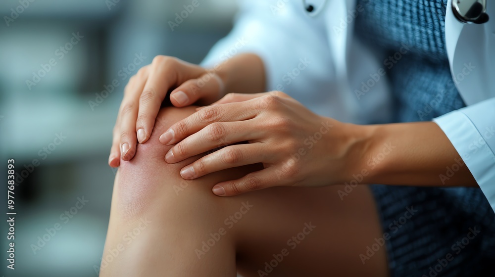 A close-up of a doctor's hand gently examining a patient's knee for injury or pain in a medical setting. A close-up of a doctor's hand gently examining a patient's knee for injury or pain in a medical setting.