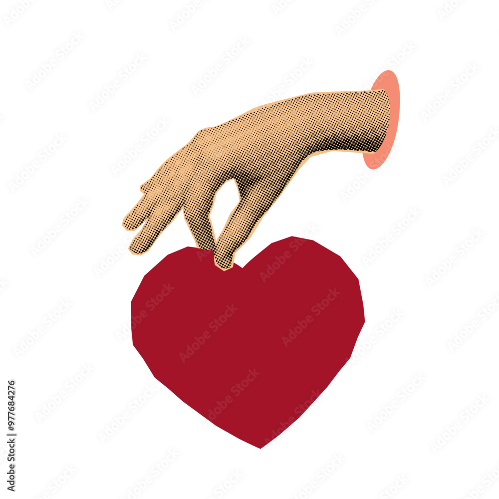 Obraz premium Halftone hand holding heart collage trendy cut out sticker. Online shopping, payment. Popularity, feedback, influence, social media like icons. Modern retro vector illustration.