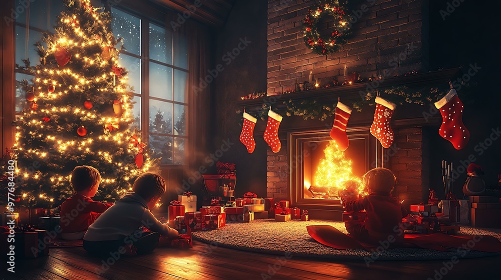 A festive living room with stockings hanging over the fireplace, a glowing tree, and children playing with toys A festive living room with stockings hanging over the fireplace, a glowing tree, and children playing with toys