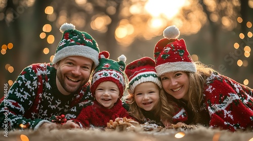 A funny Christmas card photo shoot with a family dressed in silly holiday costumes, creating a lighthearted atmosphere