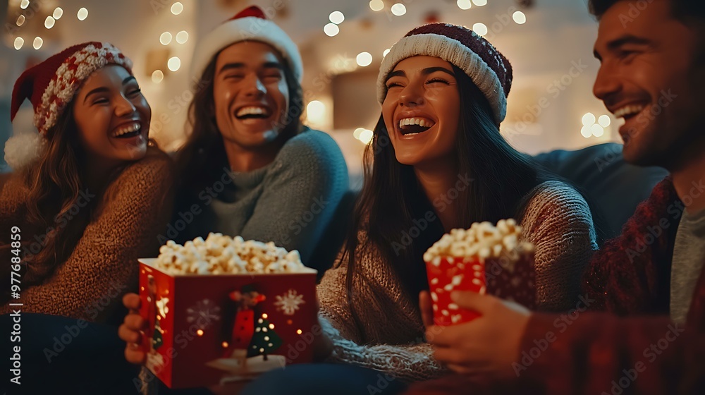 A group of friends having a Christmas-themed movie night, with popcorn and blankets, laughing at the screen A group of friends having a Christmas-themed movie night, with popcorn and blankets, laughing at the screen